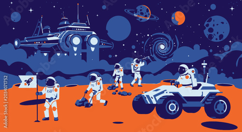Fotografía Astronauts exploring space colony with spaceships and futuristic vehicles