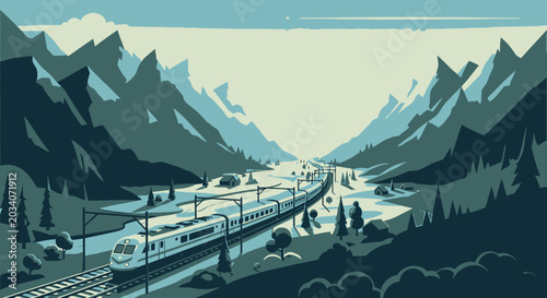 Foto Modern train traveling through mountainous landscape under cloudy skies