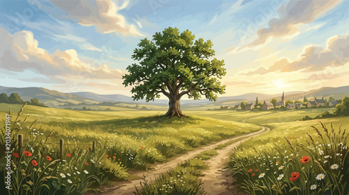 Foto Idyllic summer landscape with a lone oak tree and winding path.