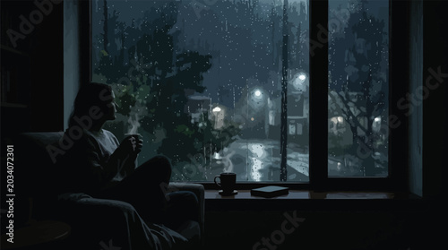 Schilderij op canvas Woman indoors looking out window at rainy night cityscape.