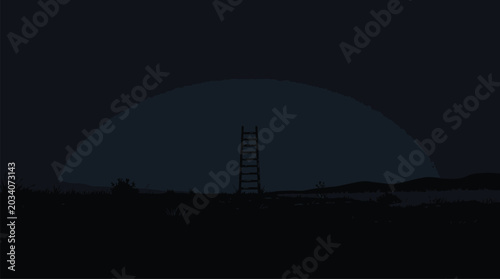 Bild auf Leinwand Ladder in dark landscape against large glowing moon or sun silhouette