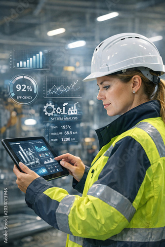 A person wearing a hard hat and high visibility vest using an tablet in an industrial setting.