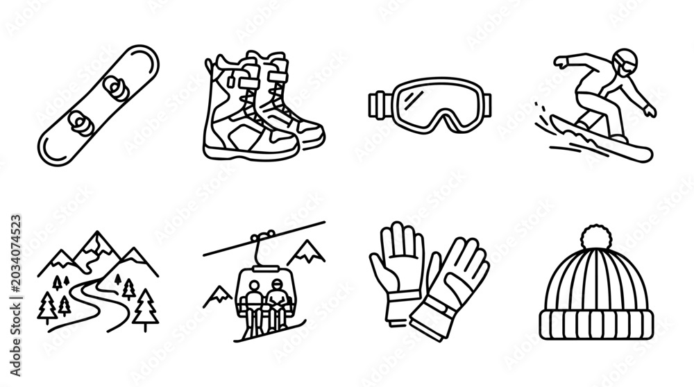 Fototapeta premium Snowboarding winter sports line art icon set including equipment, mountain landscape, and action elements