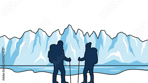 Tableau sur toile Silhouette of Hikers Standing Before Snowy Mountains and Lake