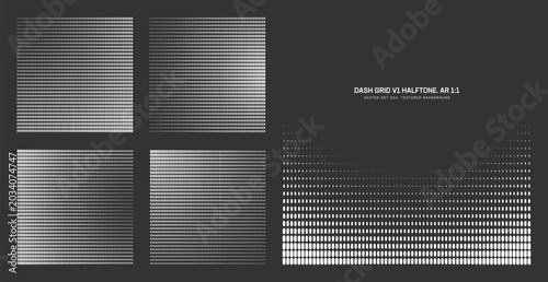 Assorted vector dash grid black white halftone pattern set in square 1:1 aspect ratio including faded rounded border and various radial textures. Half tone graphic isolated design elements collection