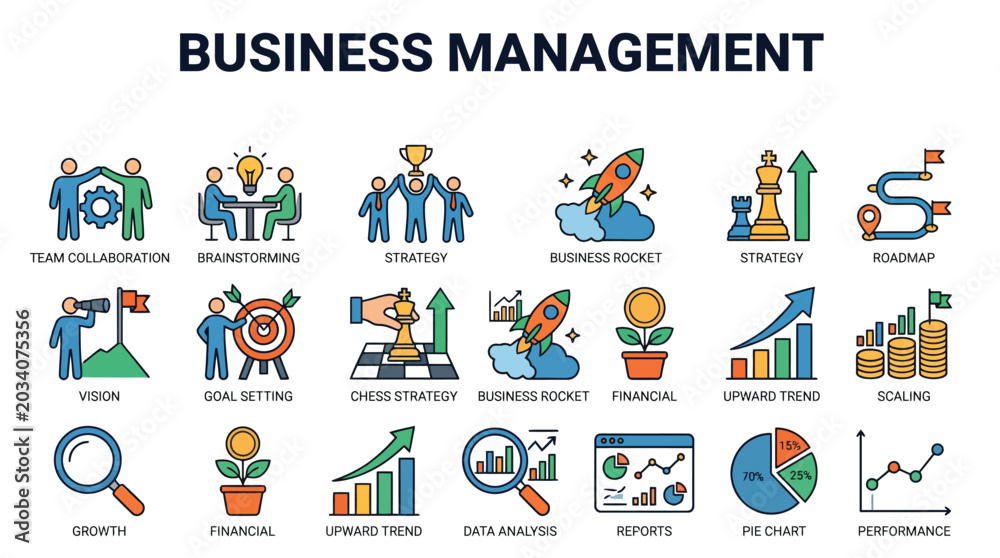 Fototapeta premium Colorful set of business management icons illustrating various strategies and growth concepts for professional corporate presentations