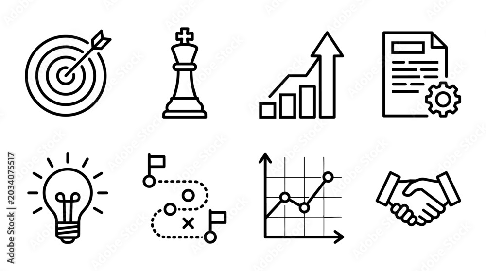 Naklejka premium Business development concept icons set illustrating strategy, growth, ideas, success, planning, and partnership elements