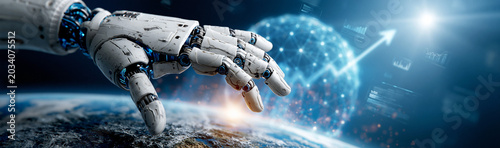 Robotic Innovation in Global Technology: A futuristic robotic hand interacts with a glowing digital globe.