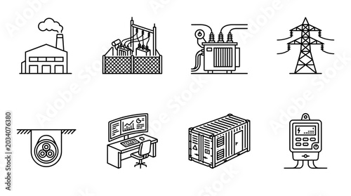 Electricity generation, transmission, distribution, and smart grid automation system outline icons