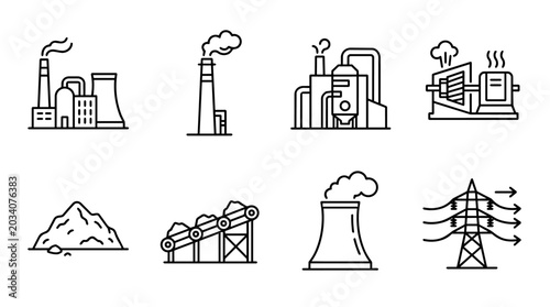 Collection of industrial power production line icons representing generation, factory, energy, coal, and electricity transmission