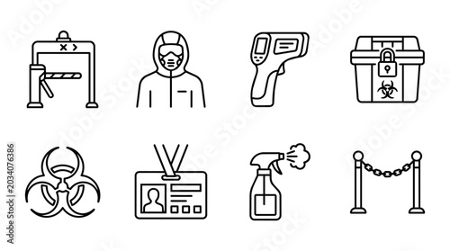 Safety and prevention measures during pandemic concept with hazmat suit, thermometer, biohazard symbols icons set