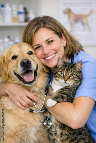A smiling female veterinarian in a blue uniform cuddling a cat and dog, displaying affection for her patients.
