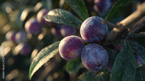 Ripened dark fruit cluster glistens with fine frost detail on a tree branch