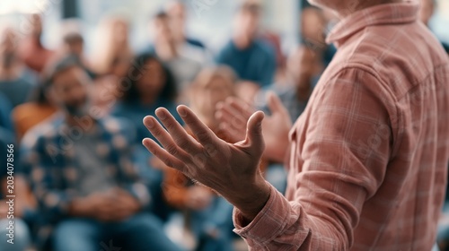 Dynamic mediumwide eyelevel view of a persuasive speaker using open palm gestures during a community forum highlighting the speaker sharply against a softly blurred backdrop of