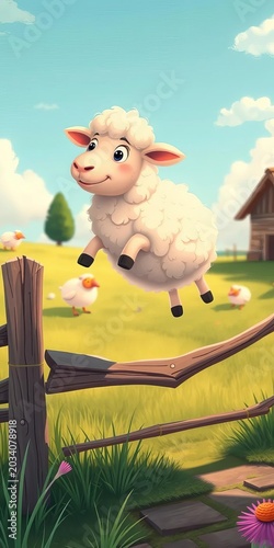Fluffy sheep leap over rustic fence in whimsical illustration, cartoon, illustration