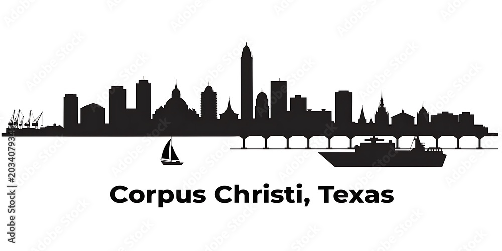 Fototapeta premium Corpus christi texas city skyline silhouette with bridge sailboat ship black and white travel destination texas coast gulf coast port city silhouette cityscape architecture