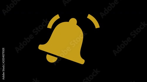 Golden ringing bell notification icon animation with alpha channel for video overlays and social media alerts. Flat design motion graphic of a vibrating alert bell symbol for reminders.