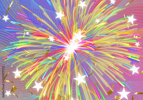 Cuadro en lienzo Fondo abstracto festivo con explosión de fuegos artificiales multicolores, estrellas brillantes, confeti dorado y destellos de luz para celebraciones y eventos