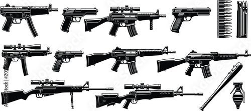 Bild auf Leinwand Tactical Firearms and Ammunition Collection with Rifles Pistols Sniper Guns and