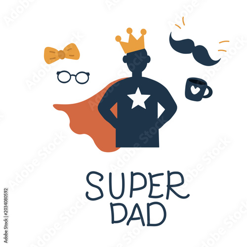 Super dad character with crown, cape, and accessories on white background  