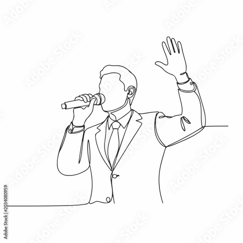 Auctioneer in suit speaking into microphone and calling bids. Continuous one line drawing vector illustration. Minimalist linear design isolated on white background