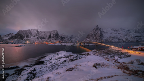 Obraz na plátně Hamnoy rorbuer and bay in a winter day. Lofoten, Norway