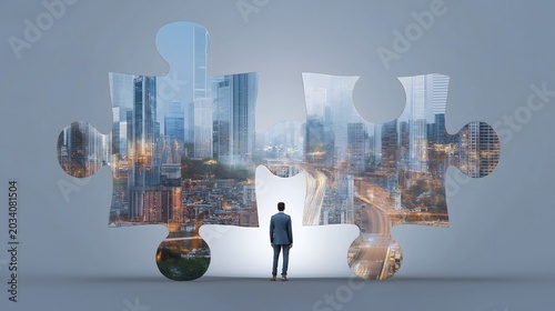 A businessman viewed from behind, standing in the gap between two enormous, interlocking jigsaw pieces such as two merging enterprises, a plan coming together, or a strategic answer.