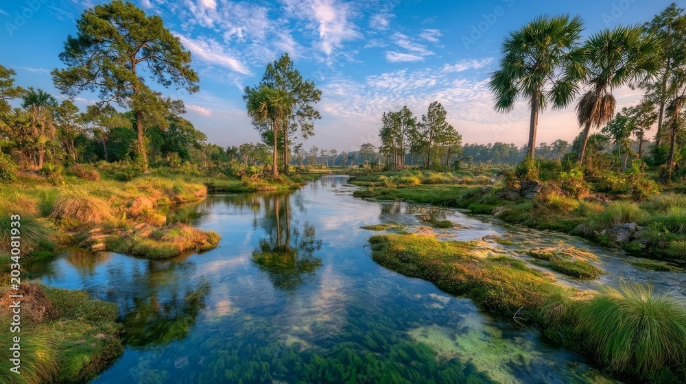 Fototapeta premium Breathtaking Nature Landscape Featuring Lush Greenery and Tranquil River Under a Sky Full of Soft Clouds