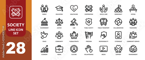 Photos Society line icon set vector illustration of 28 social concept symbols