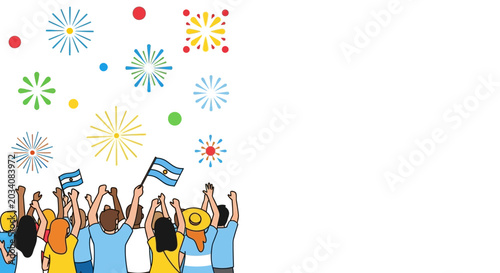 Schilderij op canvas Happy Crowd Celebrating with Argentina Flags and Fireworks