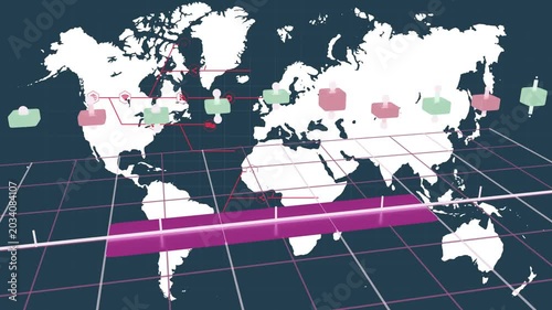 Magenta band emerging on trajectory from South America, spawning nodes connecting global network