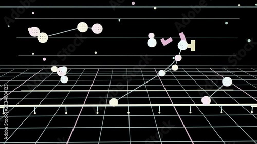 Pastel nodes appearing, linking; anchor sending diagonal arc climbing on grid, forming clusters