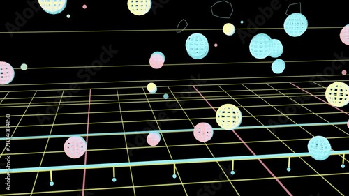 Camera pulling back, pastel orbs drifting and rotating past static cyan rail, filling wire grid