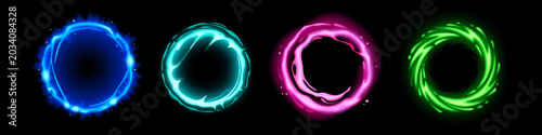 Schilderij op canvas Light effect portal with neon glow and magic energy ring on dark background