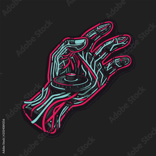 Vibrant neon cybernetic hand illustration with intricate circuits, glowing veins, gripping futuristic control device, symbolizing advanced technology and digital command
