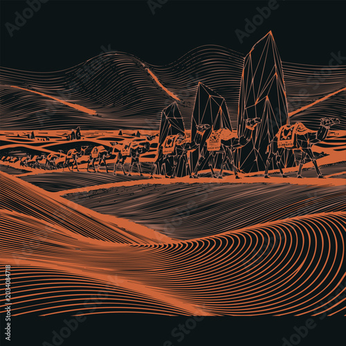 Vibrant orange line art illustration depicting an ancient desert caravan embarking on a mysterious journey through an abstract landscape adorned with striking geometric rock formations