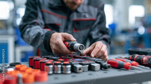 Medium shot of a worker inspecting calibrated digital torque tools on a bench emphasizing quality control processes for consistent fastening performance.