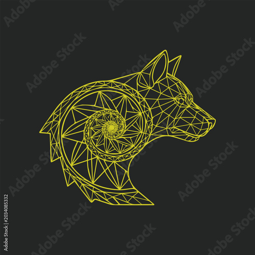 Stylized geometric wolf head illustration with an intricate abstract spiral pattern, representing wisdom, strength, and a connection to the wild spirit through modern line art design