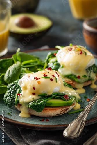 Poached eggs florentine with avocado and spinach on english muffins, drizzled with hollandaise