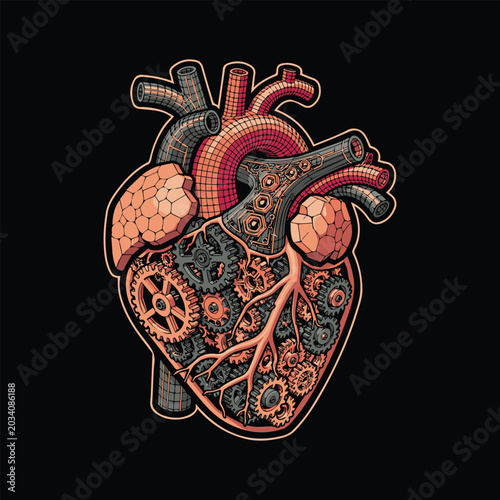 Conceptual vector illustration of a mechanical human heart, intricately designed with gears, pipes, and complex inner workings, symbolizing life's powerful mechanisms
