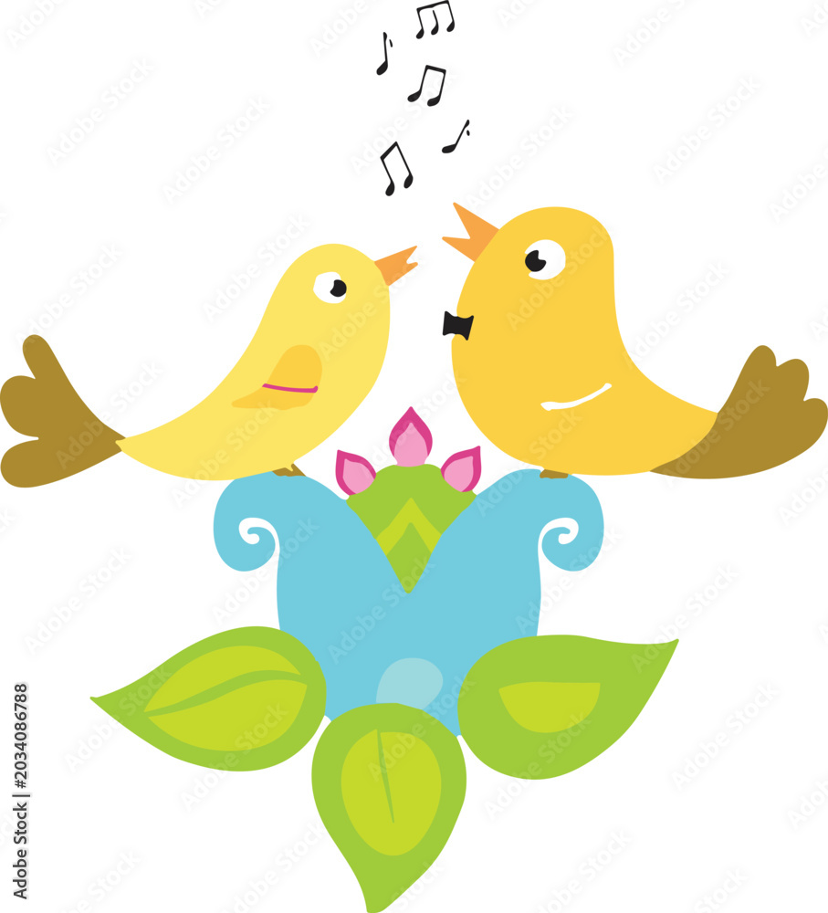 Fototapeta premium Cute cartoon yellow birds singing on colorful flower with musical notes isolated on white background