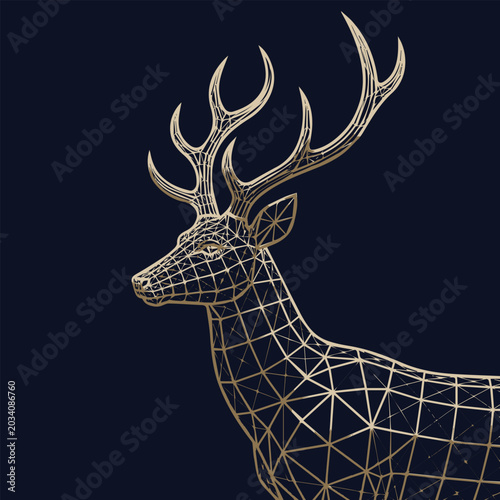 Geometric Golden Deer Illustration with Intricate Wireframe Design on Dark Blue Background