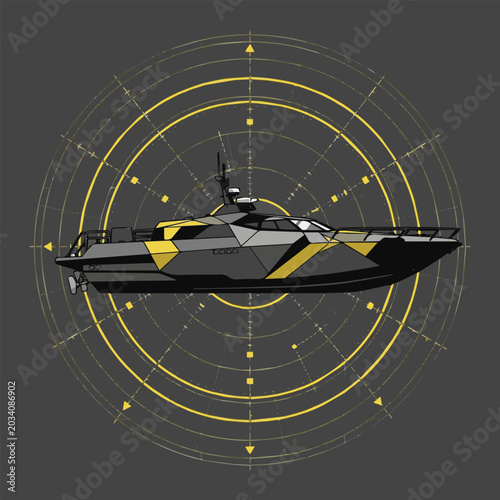 Dynamic illustration of a sophisticated custom yacht with a unique camouflage pattern, integrated with a circular digital navigation display
