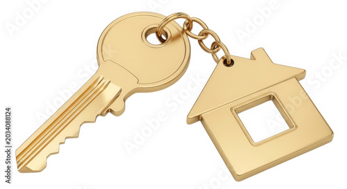 Shiny gold house key with a small home shaped keychain isolated on transparent background