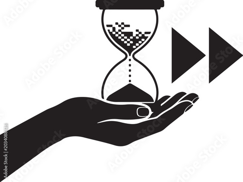 Photos Conceptual Icon of Hand Holding Hourglass with Fast Forward Symbol