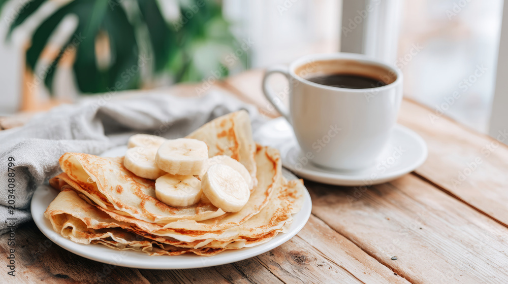 Fototapeta premium Crepes with banana slices and hot coffee on rustic wooden table, enjoying cozy breakfast in soft daylight