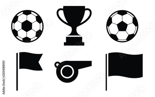 Soccer symbols including balls trophy flags and whistle in flat design on white background