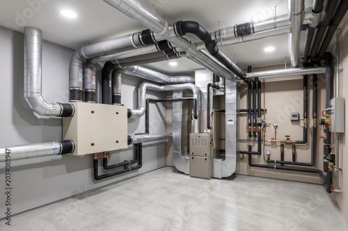 Industrial Mechanical Room with Pipes and Equipment Installation