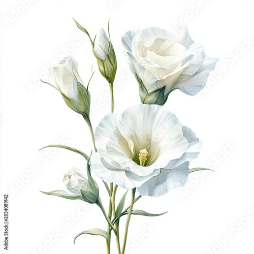 Delicate white lisianthus flowers with buds in watercolor style Generative AI