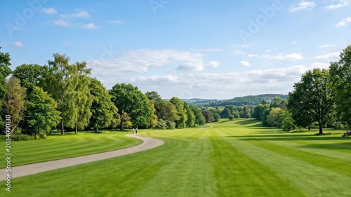 Fresh neatly trimmed green lawn in sunny park, serene nature landscape for seasonal branding, rural design, travel banners and ecological campaigns, fresh greenery, open sky and panoramic copy space